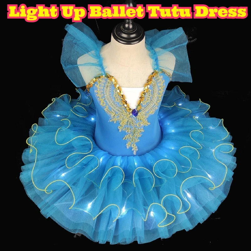 LED Light Up Ballet Tutu Dress Spaghetti Straps Tulle Skirt Swan Lake Dance Performance Costume Fluffy Stage Wear Party Outfit