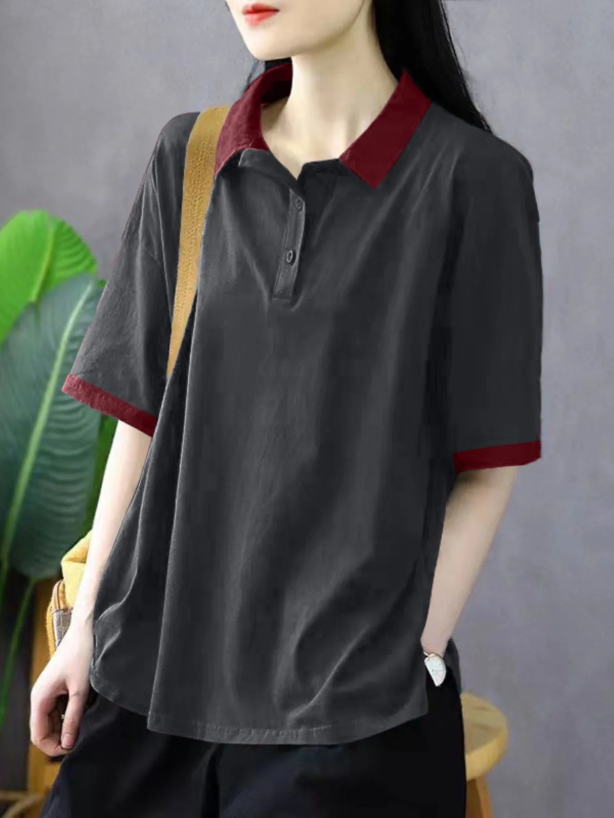 Camiseta Feminina de Algodão Puro, Estilo Solto, Moda de Verão, Design Coreano com Patchwork e Cores em Bloco