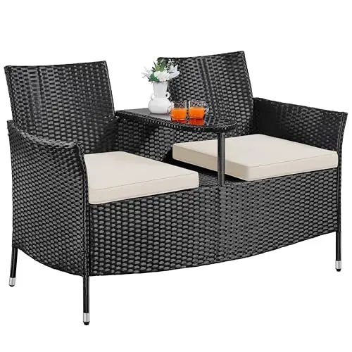 Patio Loveseat, Outdoor Wicker Double Chair w/Side Table | PE Rattan Furniture Set for Two People, Love Seat w/2