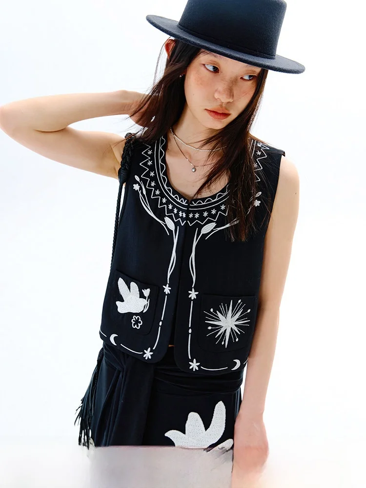 

Uare Original Design Bright Star Retro Bird Floral Embroidery Mixed Silk Wool Vest Jaet Women's Commute Sle Polyester Fiber