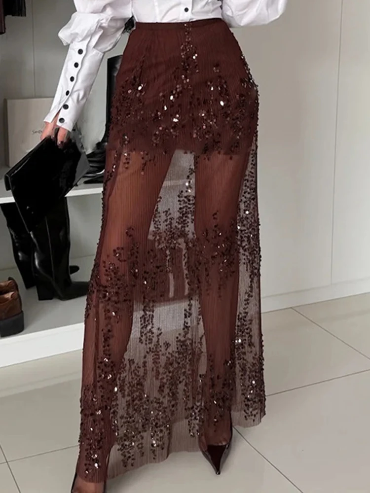 Jupes longues en maille à paillettes, demi-jupe transparente, taille haute, élégante, Slim, couleur unie, plissée, pour fête, nouvelle collection printemps été 2026
