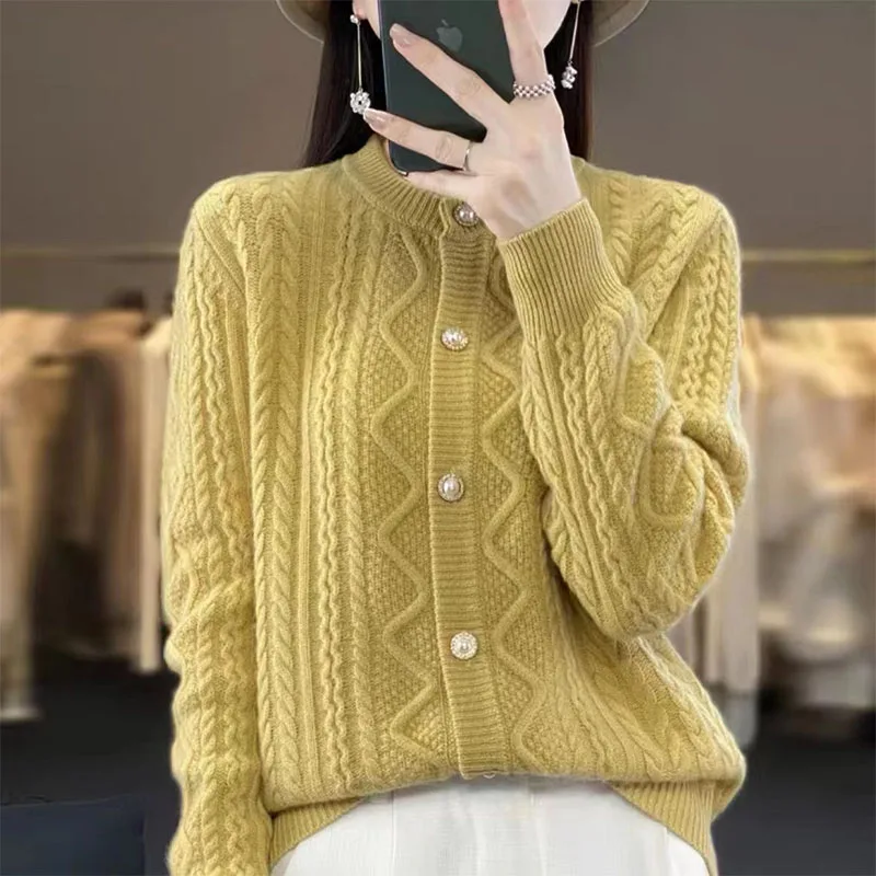 

Autumn And Winter New Women's Round Neck Cardigan Pearl Buckle Twist Coat Loose Lazy Wind Wool Knit Cardigan