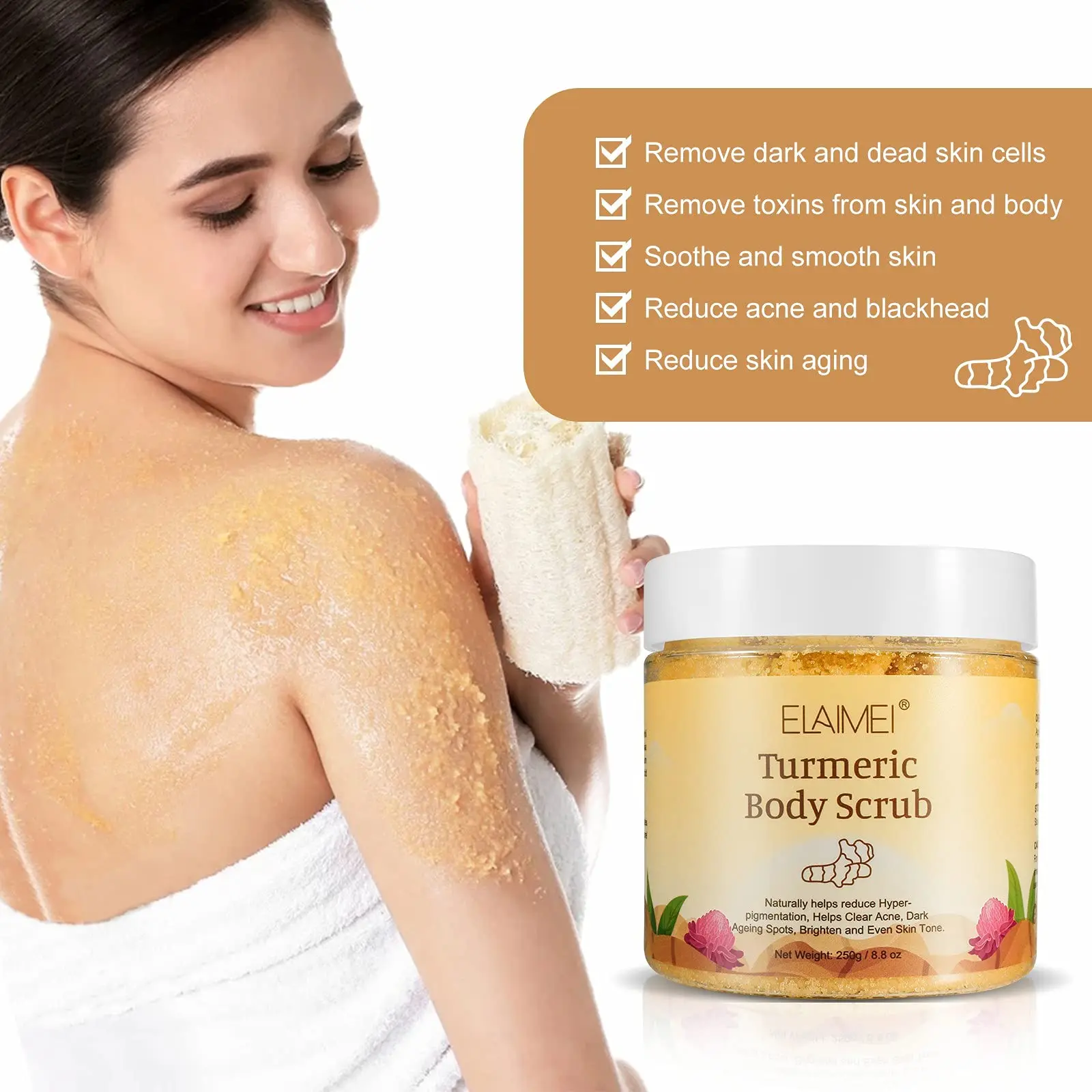 Turmeric Body Scrub with Dead Sea Salt Moisturizing Skin Anti-Aging Skin Exfoliating Reducing Pores Clearing Acne Smoothing Skin