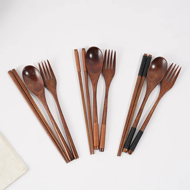 Wooden Chopsticks Fork Spoon Three-piece Set Twine Japanese-style Tableware Kitchen Home Chopsticks Fork Spoon Cutlery Set