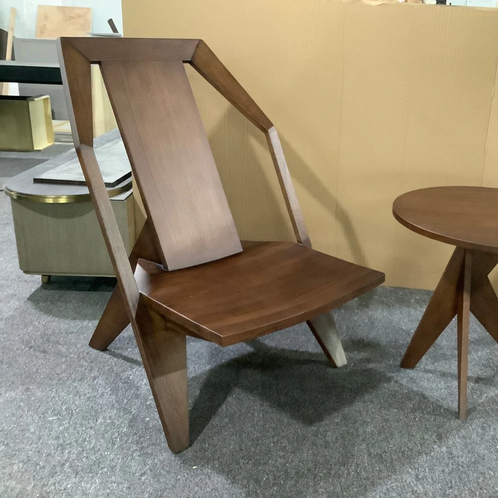 *Mid-Century Geometric Solid Wood Leisure Chair Sculptural Walnut Finish Accent Chair with Angular Frame for Hotel Sample House