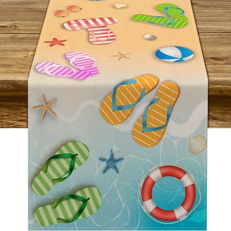 Summer Beach Theme Linen Table Runners Flip Flops Seaside Themed Seasonal Holiday Party Table Decor Outdoor Dining Table Decor