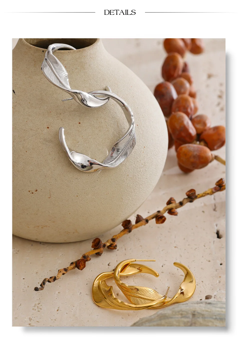 Yhpup Edelstahl-Blatt-Ohrringe mit gedrehtem Design, Wasserfest, PVD-Beschichtet, Charakteristischer Minimalistischer Schmuck im Großhandel – Detail 9
