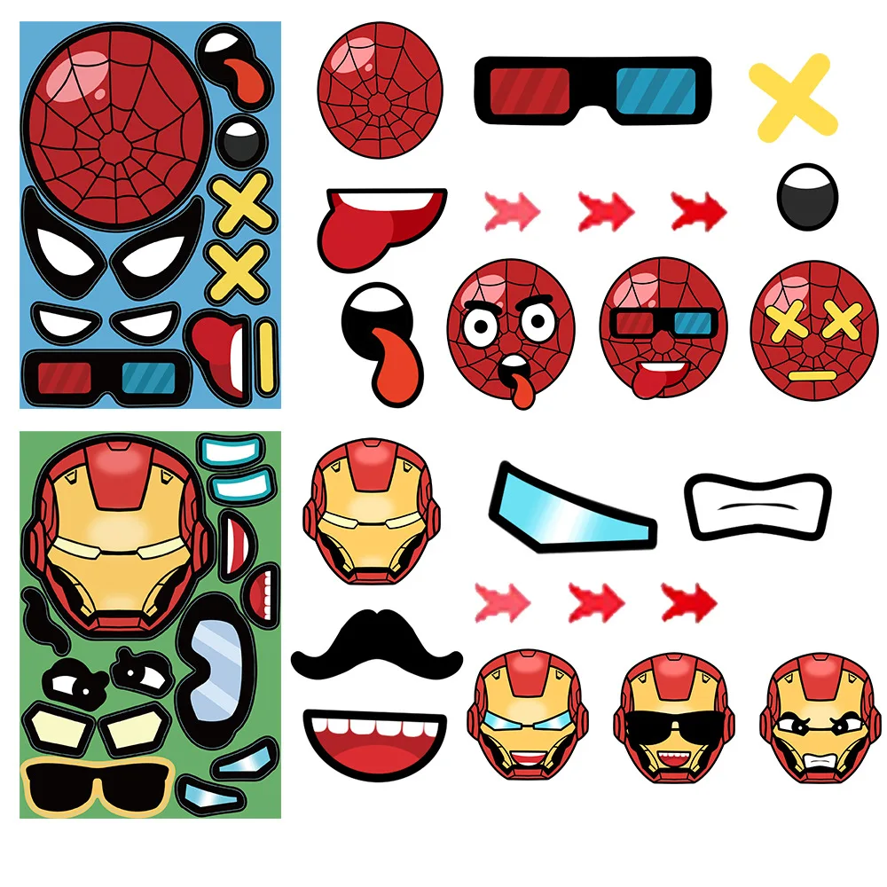 8 lembar Disney Marvel Super Hero DIY stiker Puzzle membuat wajah lucu kartun Decals merakit Jigsaw anak-anak hadiah mainan anak laki-laki