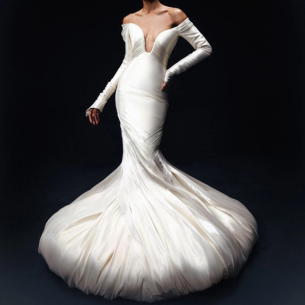 

Customized Exquisite Mermaid Off The Shoulder Satin Evening Dress Temperament Long Sleeves Floor Length Bespoke Occas