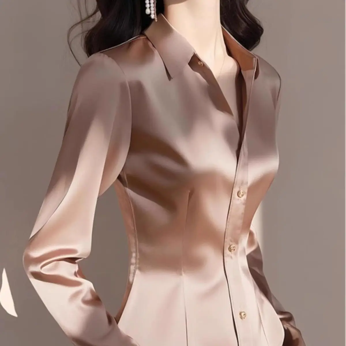 

2025 French Elegant Satin Waist-Cinching Blouse Luxe Acetate Shirt with Draped Neckline Spring Fall Office Lady Chic