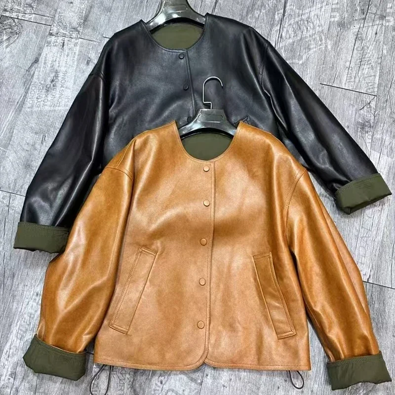 معطف نسائي ربيعي من الجلد الطبيعي سترة عصرية فاخرة قابلة للعكس بصدر واحد ملابس قصيرة الطول ذات جودة عالية