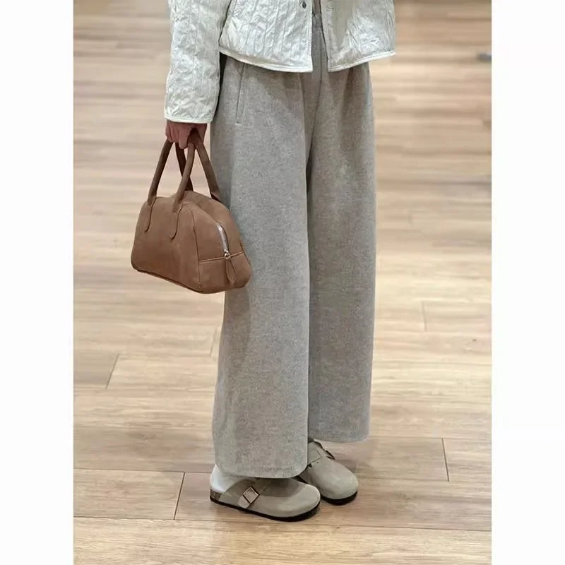 

QWEEK Winter Vintage Casual Pants Woman Baggy High Waist Korean Fashion Office Lady Thick Trousers Autumn Fleece Warm Pantalones