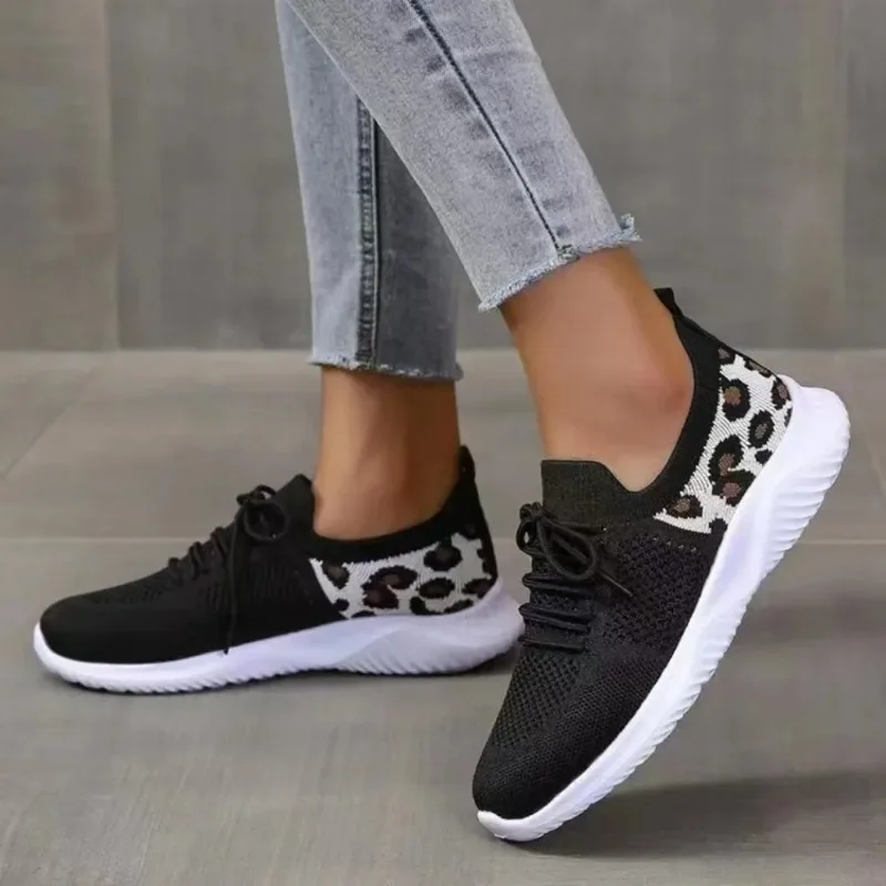 Leopard Print Breathable Mesh Sneakers Summer Women Lightweight Non Slip Knitted Flats Woman Comfortable Running Sports Shoes