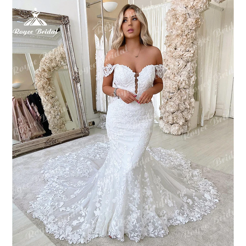 Exquisite Sweetheart Appliques Lace Off the Shoulder Mermaid Wedding Dresses For Women Sexy Back Button Bridal Gowns Sweep Robe