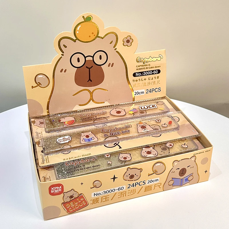 Cartoon Lovely Capybara Flowing Sand Ruler Cute Plastic Straightedge Protractor Portable Measuring Tools School Office Supplies