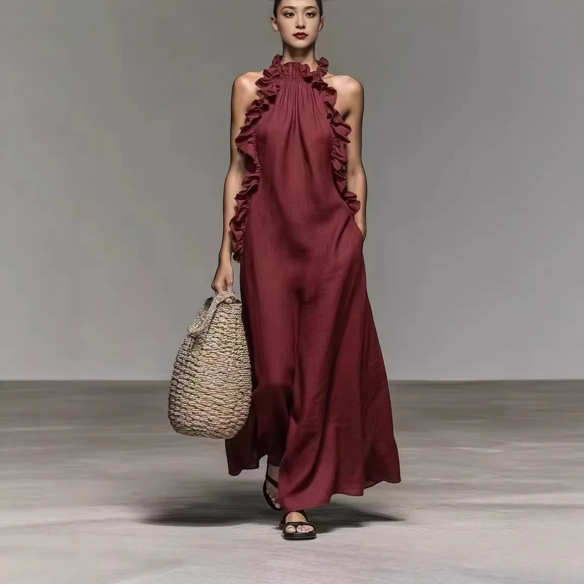 Halterneck mouwloze jurk met ruches Zomer dames effen kleur casual losse lange jurk met zakken Платье Женское Ropa Mujer