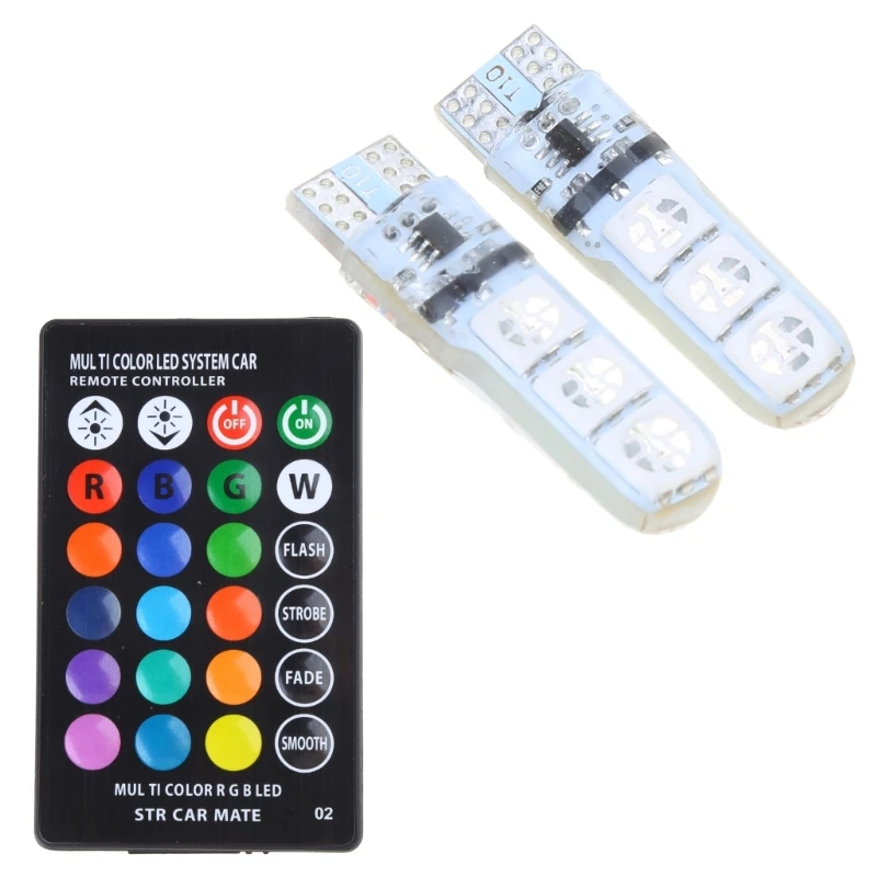 2x T10 LED Remote Control W5W for 501 RGB Color Changing Car Side Bulbs