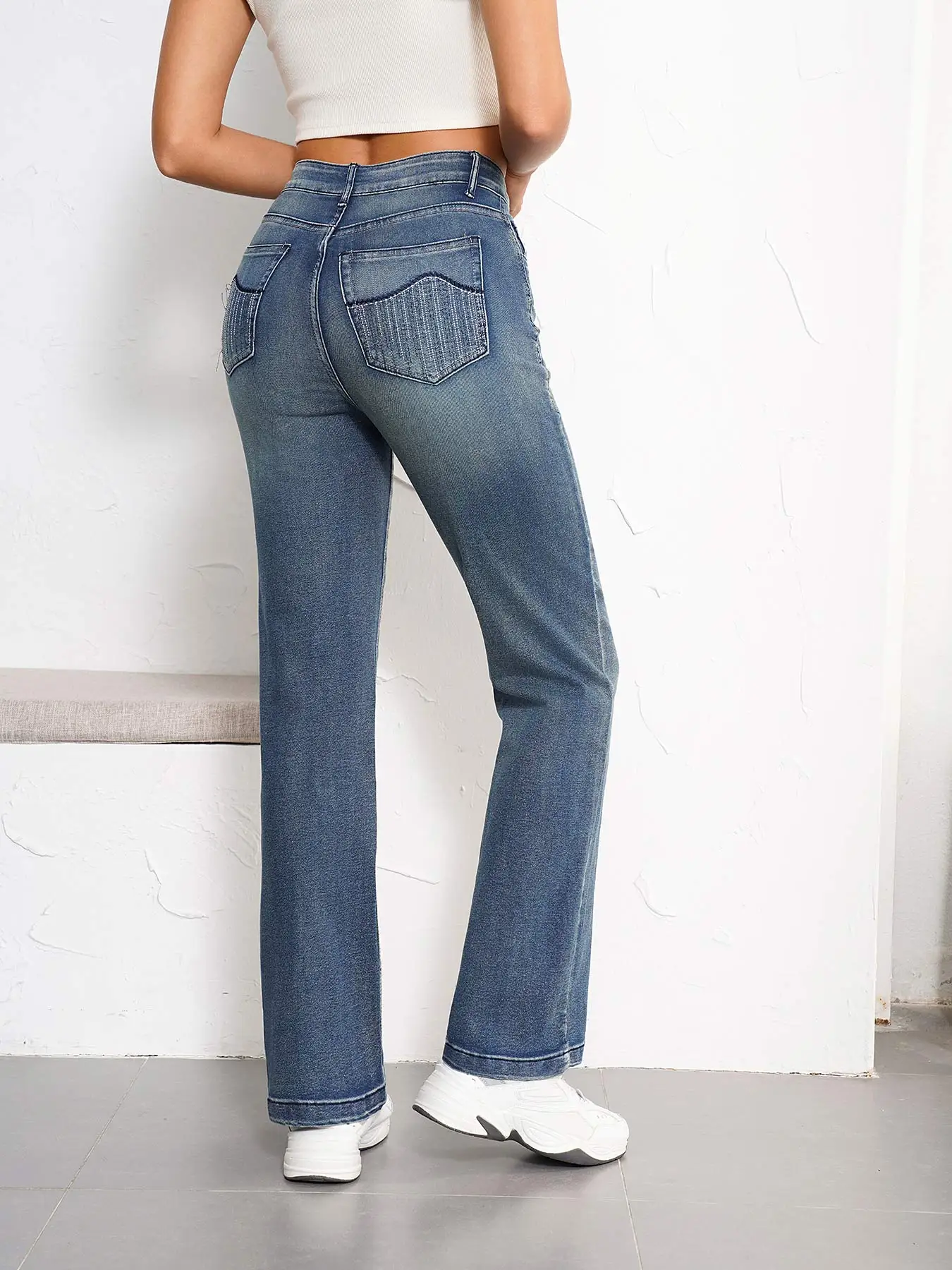 Damen Vintage Jeans Mid Rise Stretch Slim bestickte Jeanshose mit weitem Bein Western Cowgirl Boot Jeans