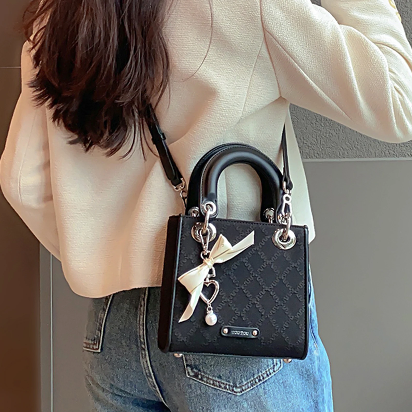 TOUTOU Handbag for Cosmetics Fashion Bow Decor Satchel Purse Metal Pendant Women\'s Small Tote Bag with Large Capacity Durable