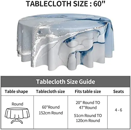 Marble Tablecloth Round 60 Inches Farmhouse Silver and Blue Round Tablecloth Polyester Washable Marble Table Cloth Table Cover