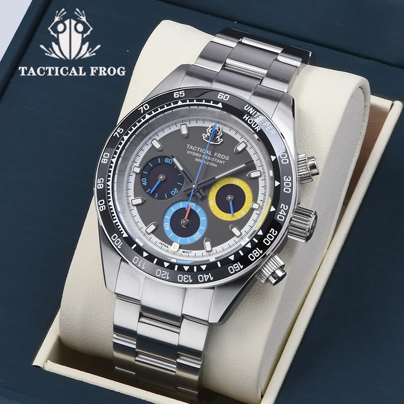 Tactical Frog Fine Steel Herrenuhr Chronograph Taucheruhr Saphirglas VS75 SOLAR Quarzwerk 20Bar wasserdichte Uhr