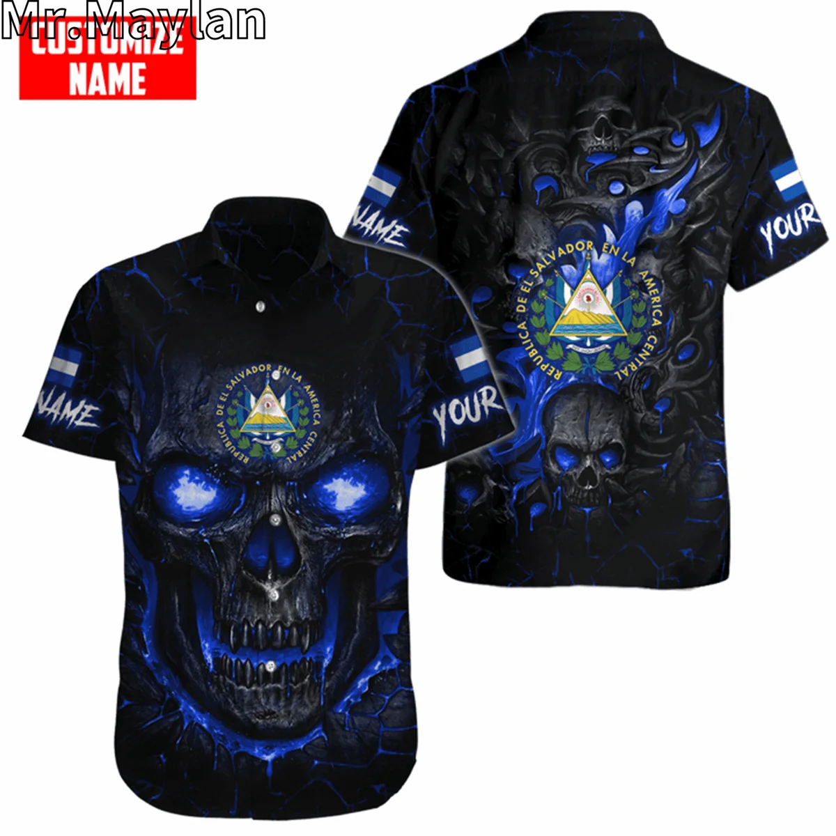 PERSONALIZED EL SALVADOR Skull 3D Hawaiian Summer Beach Men Shirts Short Sleeve Shirt Streetwear Oversized 5XL Chemise Homme-668