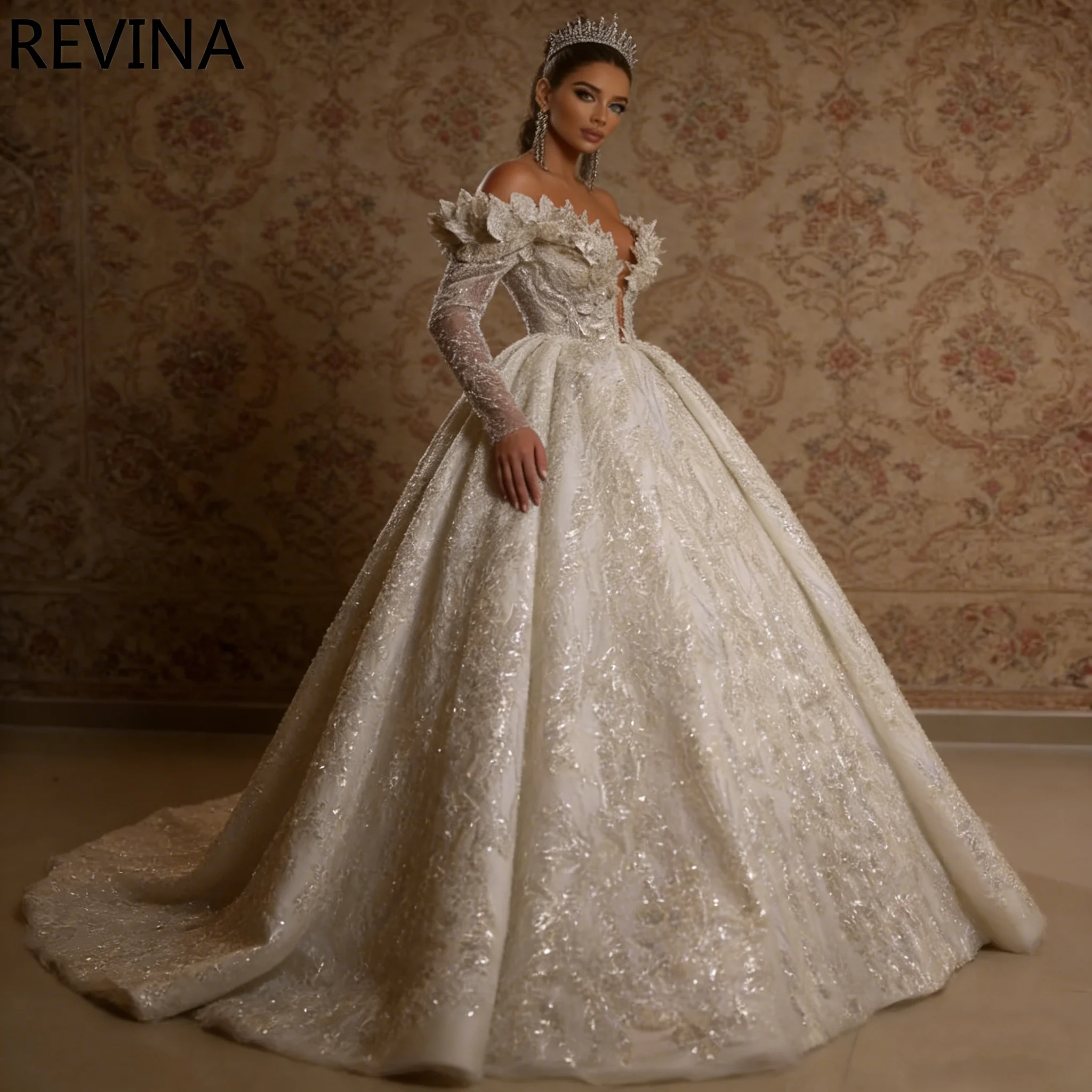 

Luxury Off-Shoulder Ball Gown Wedding Dress with Long Lace Sleeves 3D Feather Appliques Beading Sequin Bridal Customizable Dress