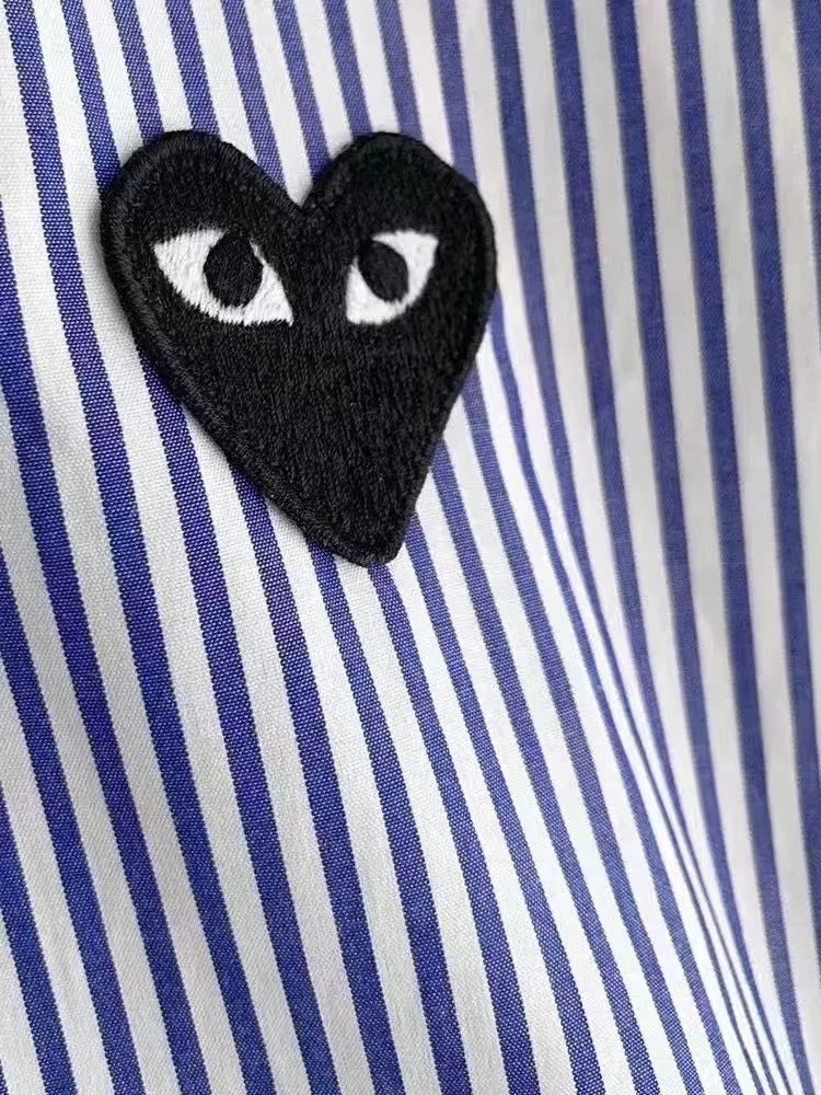 Embroidered Heart Long Sve irt Men Women Couple Autumn Mid-Length Cheered  Collar Button Detail Polyester Blend