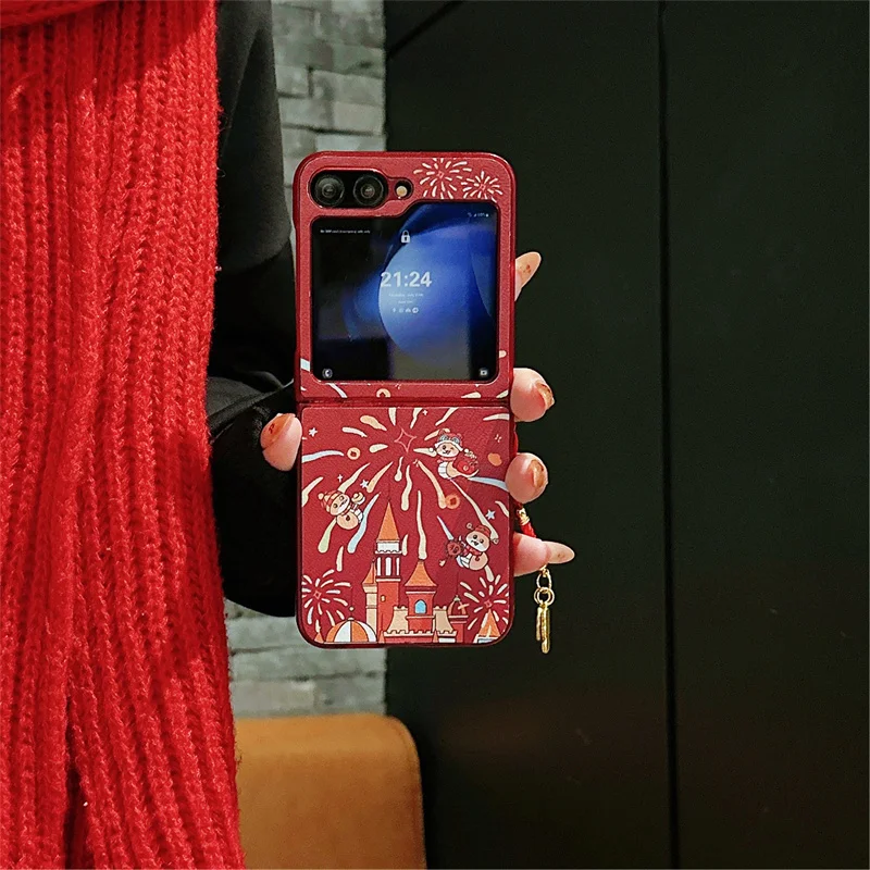 

2025 New Year PU leather Red Fireworks phone case for Samsung Galaxy Z Flip 6 zflip5 flip3 4 5G cute pendant shockproof cover