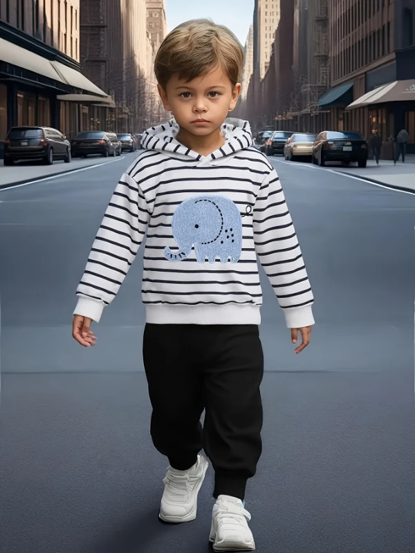 

Spring Autumn Baby Boys Girls Striped Elephant Embroidered Fleece Lined Sweatshirt And Black Sweatpants Cute Two-Piece Set