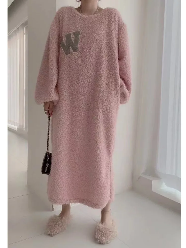 [EWQ] Korean Chic Puff Long Sleeve O-neck Simple Dress Letter Design Casual Women Winter Dresses 2024 Autumn New Fashion 16O3027