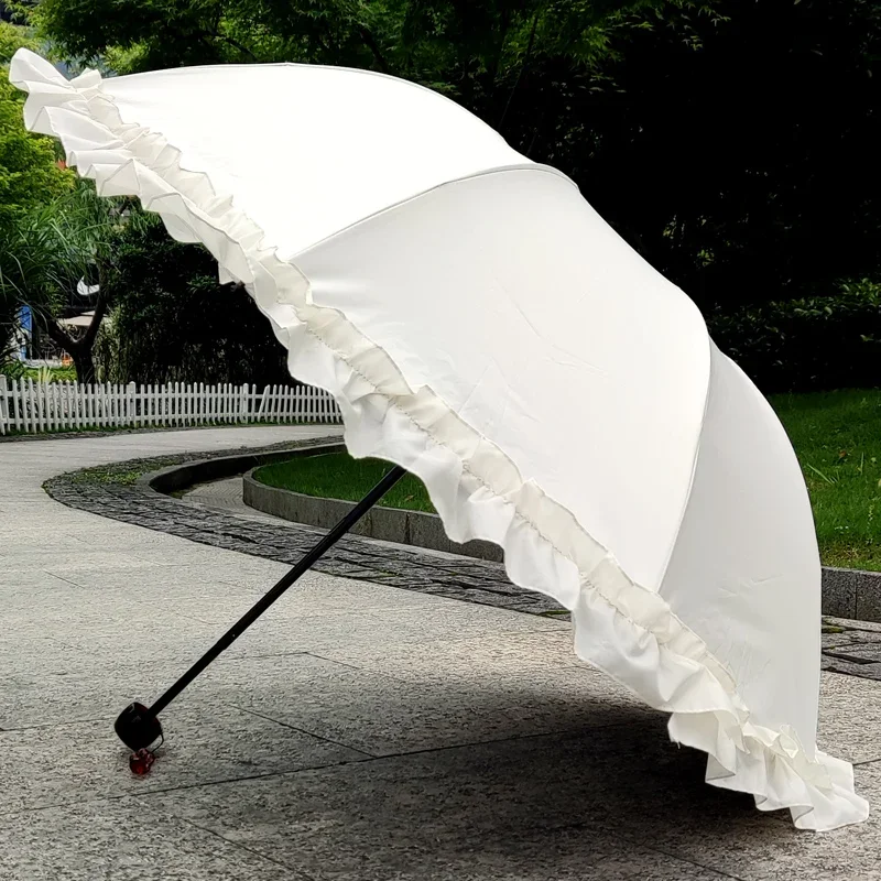 Sun Protection Pure Color Black Glue Three Fold Umbrella Summer  Style Lotus  Sunshade Rainproof Adult Steel Pole Um...