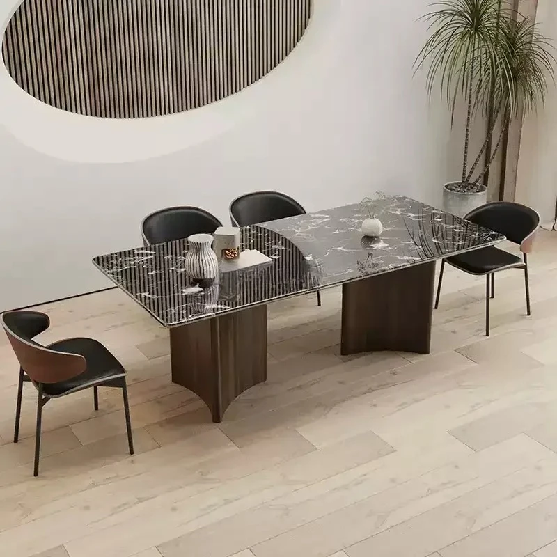 

Imported natural marble dining table black rose high-end household small apartment rectangular retro solid wood