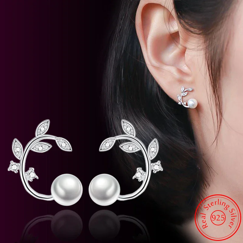 

Fanqieliu Solid 925 Sterling Silver Crystal Pearl Jewelry Fashion Leaf Stud Earrings For Woman New FQL23662