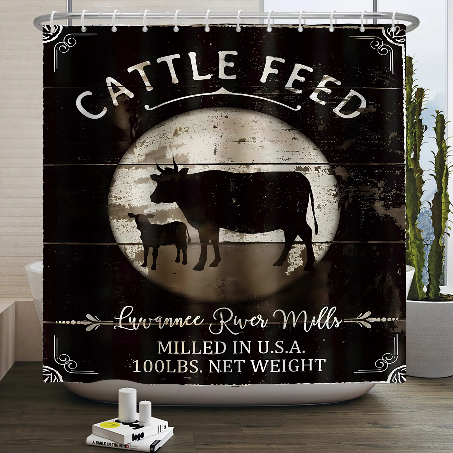 

Farmhouse Cattle Feed Cow Shower Curtain for Bathroom Decor Rustic Farm Animal Country Western Black Wooden Board Bull Vintage