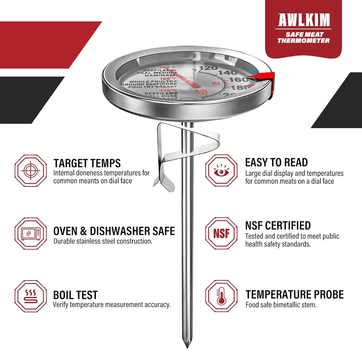 Stainless Steel Meat Thermometer Safe Leave in Oven Dial Food Thermometer for Cooking Temperature Probe for Baking Oil Steak