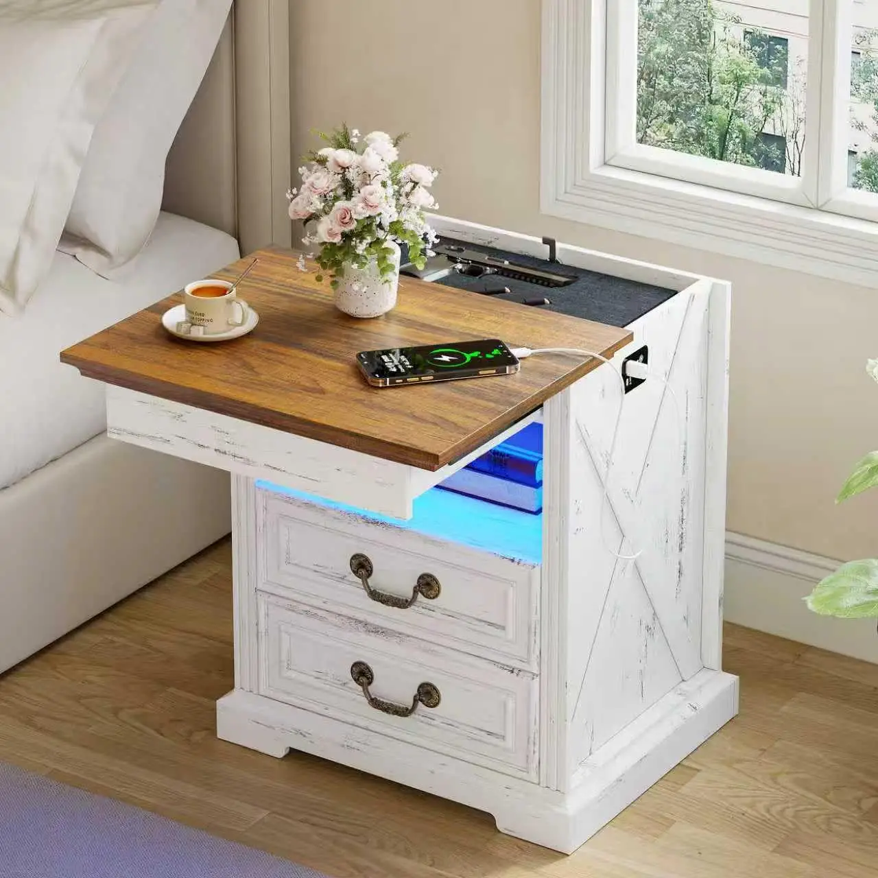 

Night Stand With Gun Drawer, Bedside Table With LED Light & Human Sensor, Nightstand Gun Safe With 2 Drawers For, Customized