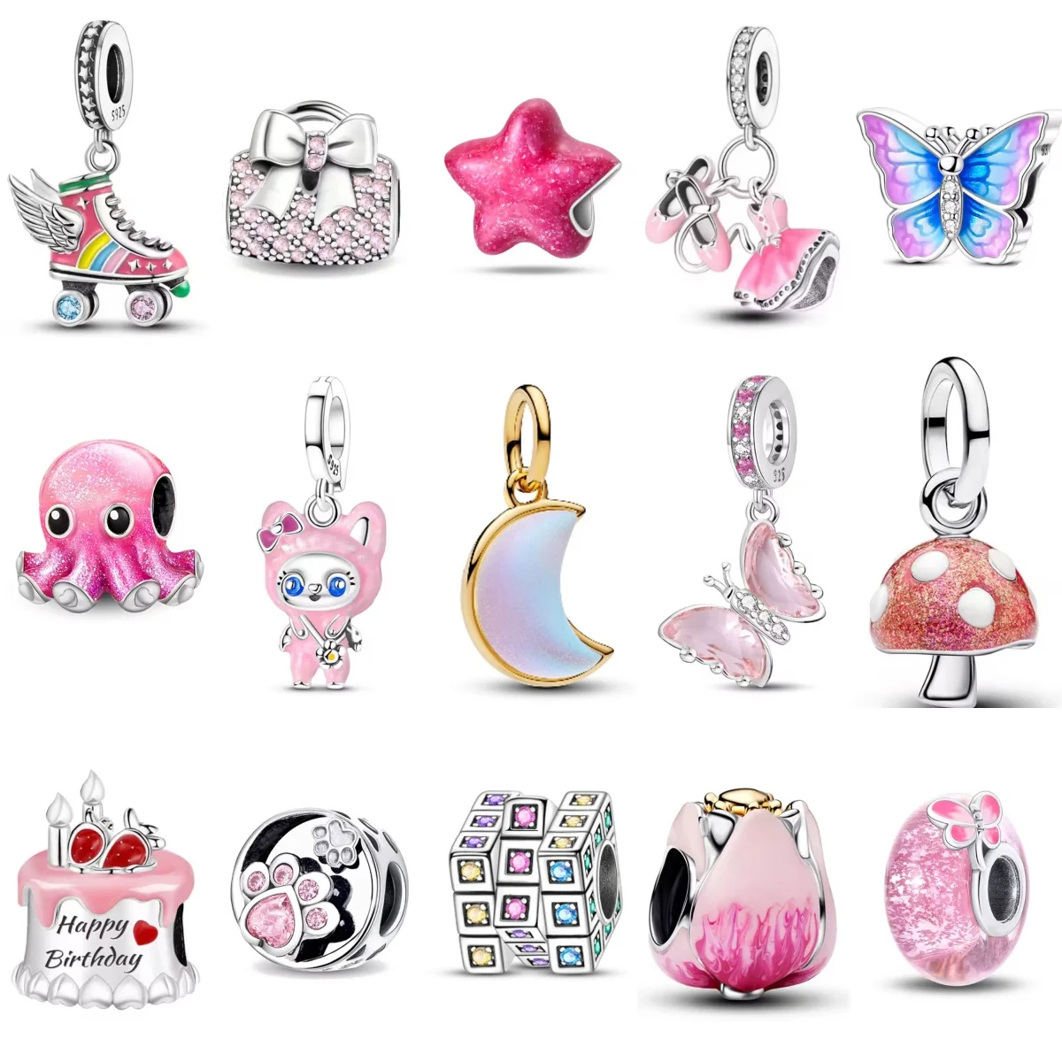 

New 925 Silver Pink Beads Fit European Style Bracelet - Cute Roller Skating Shoes, Butterfly, Cake Pendant, Women's DIY Jewelry