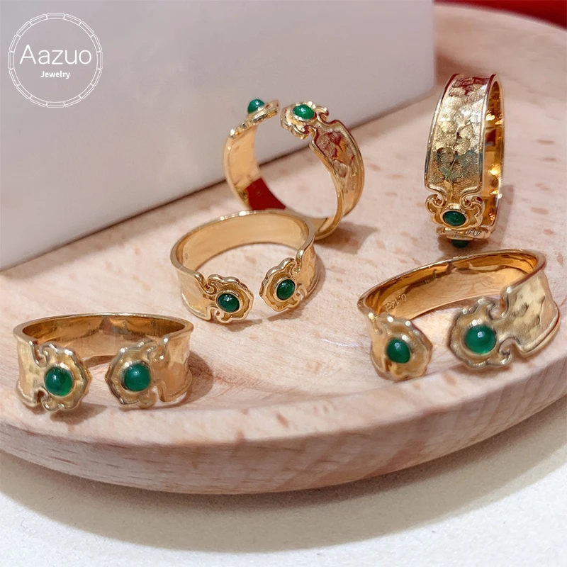 Aazuo Real Solid 18K Yellow Gold Natural Emerald Rectangular Open Rings Gifted For Women&Man Engagement Party  Au750
