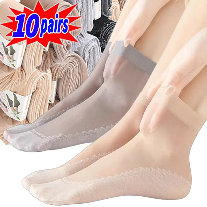 1/5/10pairs Women's Silk Velvet Ankle Short Sox Elastic Lace Socks Transparent Ultrathin Female Mesh Non-Slip Bottom Splice Sock