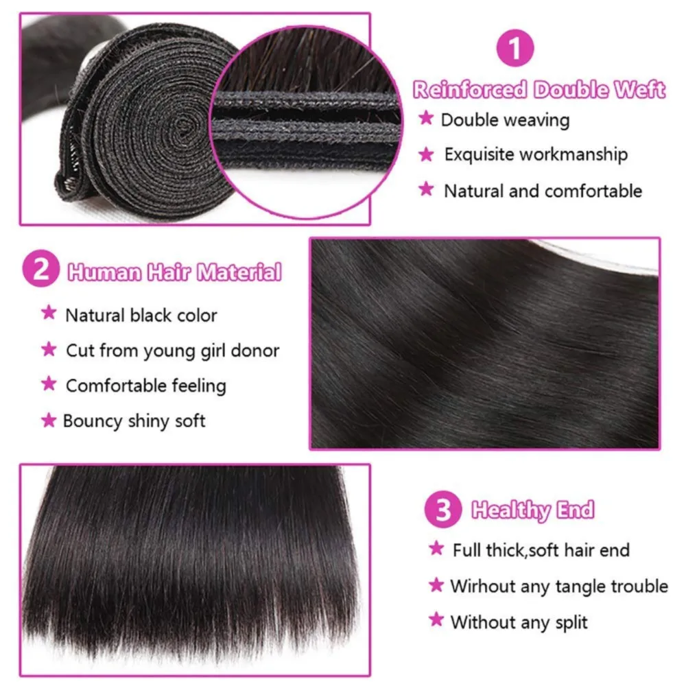 Mèches Brésiliennes Naturelles Lisses, Noires, Non Traitées, avec Closure, 13 Tages, 1B, pour Femme