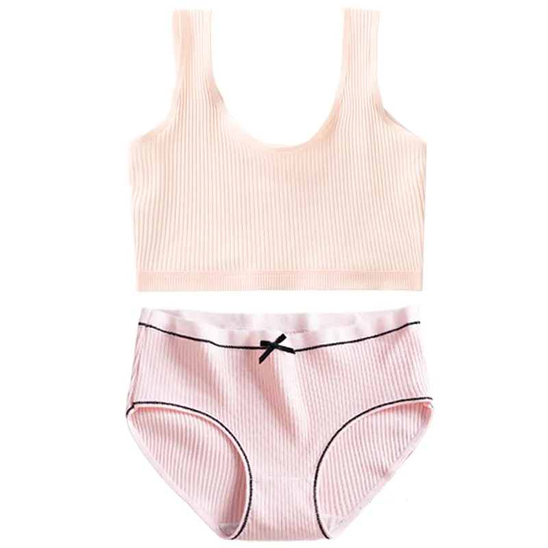 1/4 Set Cotton Girls Panties And Bras Sets Teenage Girls Cotton Training Bra Panty Set Solid Kids Sports Bra Briefs Underwear