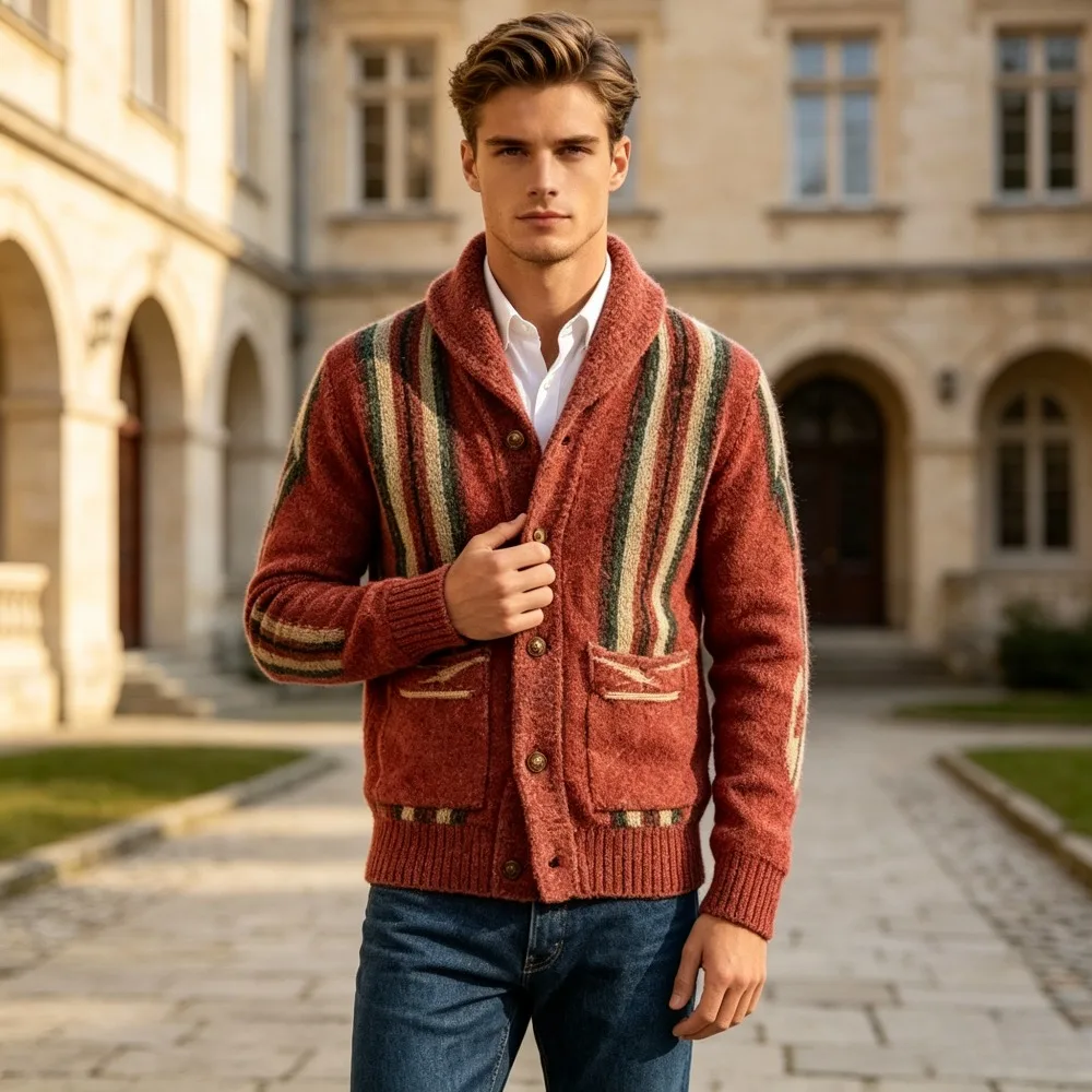 American Retro Green Lapel Striped Jacquard Knit Cardigan Men Autumn Winter Sweater Casual Campus Daily Streetwear Outfit