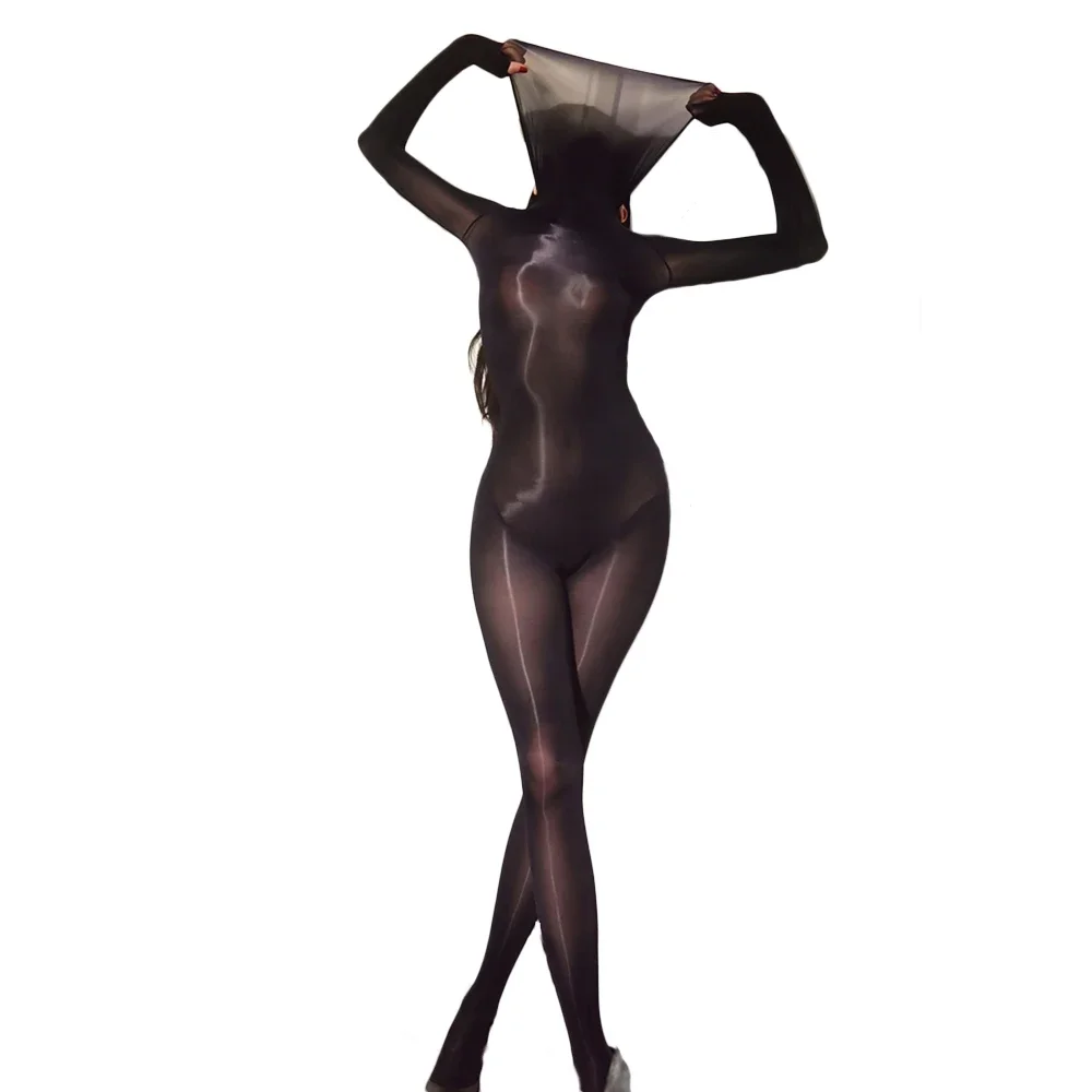 섹시한 여성 하이 칼라 커버 마스크 바디 슈트 오일 광택 반짝 이는 원활한 섹시한 스타킹 탄성 요가 Romper 코스프레 메이드 레오타드