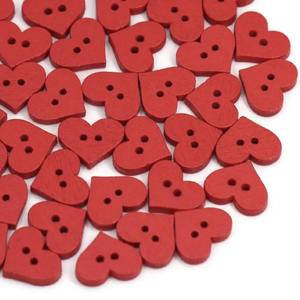 100Pcs 2 Holes Red Love Heart Wooden Button Clothes Wooden Buttons DIY Sewing Accessory Decor