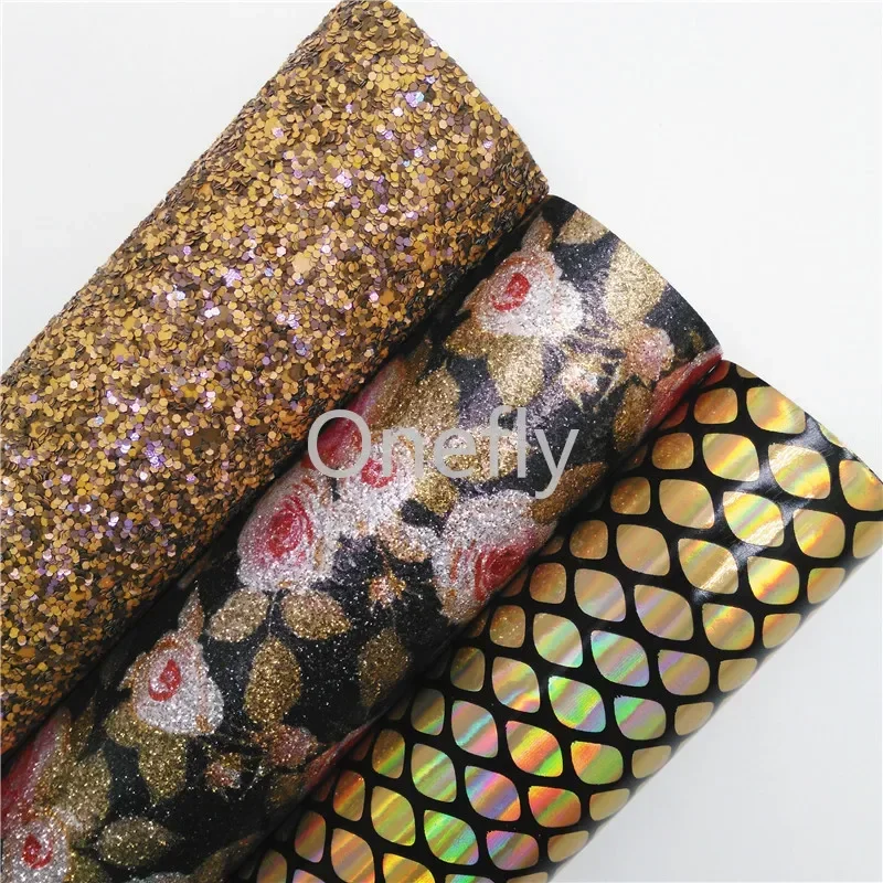 Onefly 21X29CM Rose Printed Glitter Fabric Iridescent Faux Leather, Gold Glitter Fabric Sheets For Bow DIY  handbags shoes BQ061