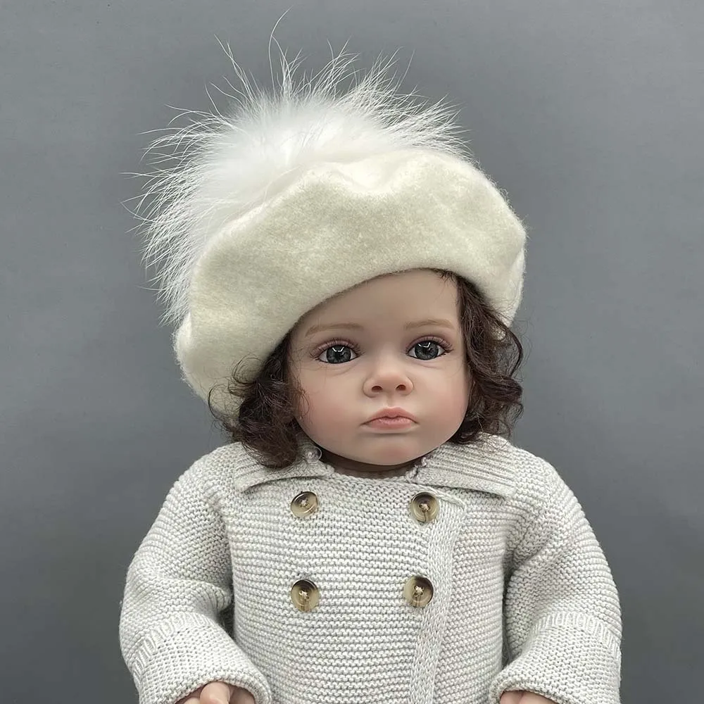 

MISSJANEFUR Real Wool Beret Hat with Fur Pom Pom Kid Girls 2022 Fashion Cute Children Winter Bobble Hats