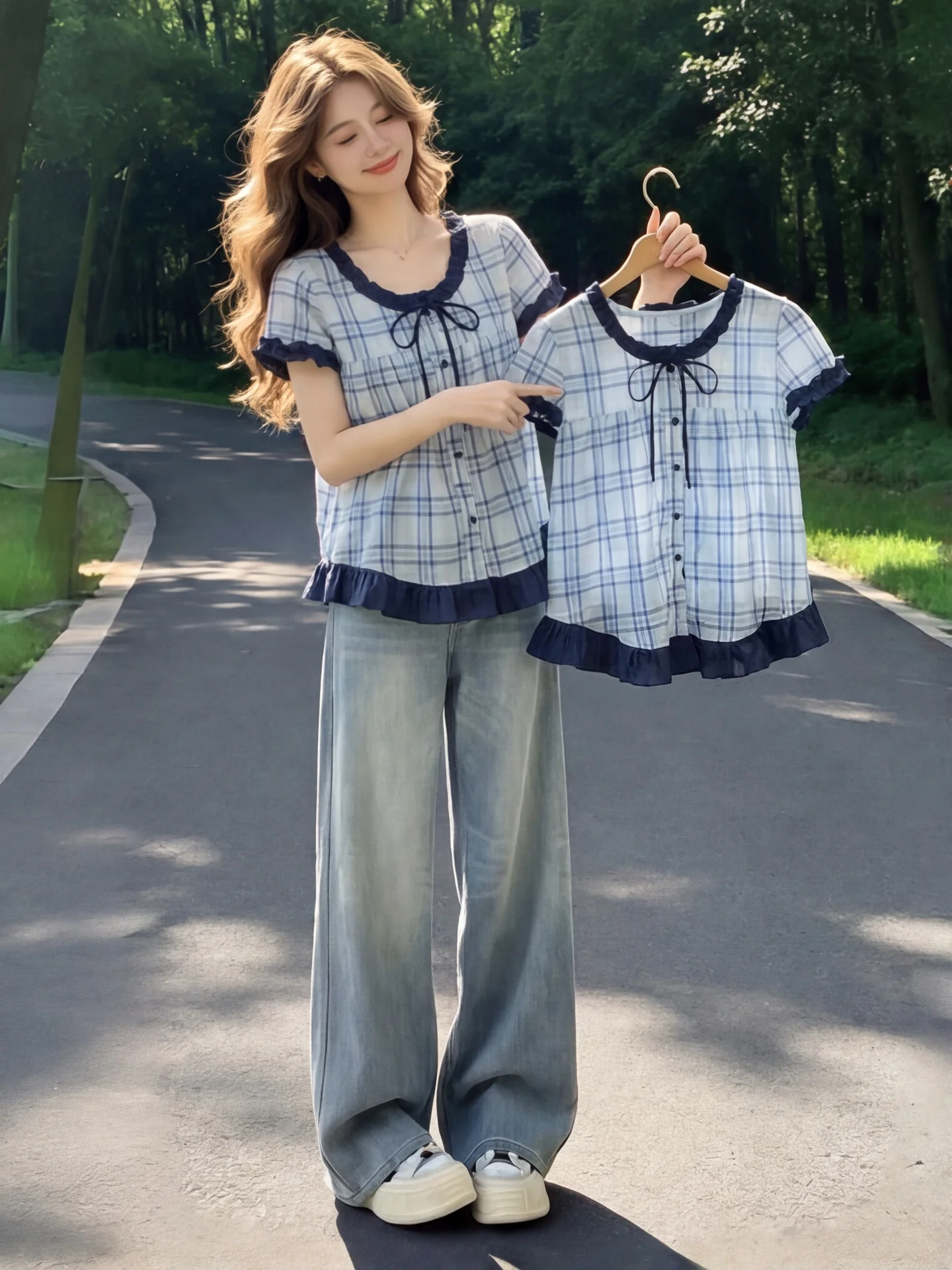 

Sweet Girlish Checkered Short Sleeve Shirt for Women with Ruffle Hem Skirt Korean Style Commute Fashion Loose Fit Summer Top