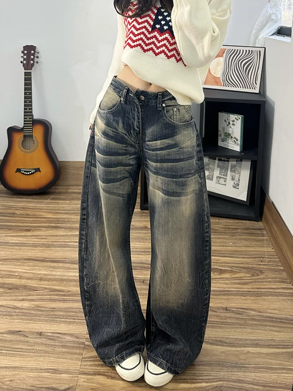 

Американские винтажные джинсы с эффектом потертости, с высокой талией, свободного прямого кроя, широкие брюки-клеш для женщин, осень-зима