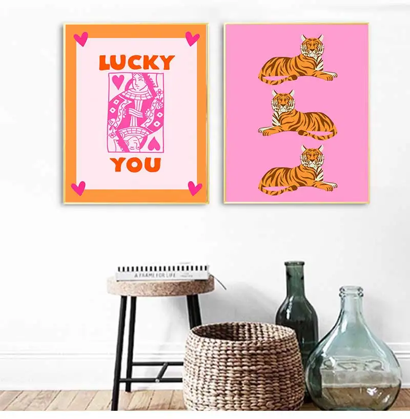 Cheetah Leopard Print Preppy Pink Orange Gallery Poster Maximalist Girly Trendy Wall Art Canvas Painting For Living Room Decor